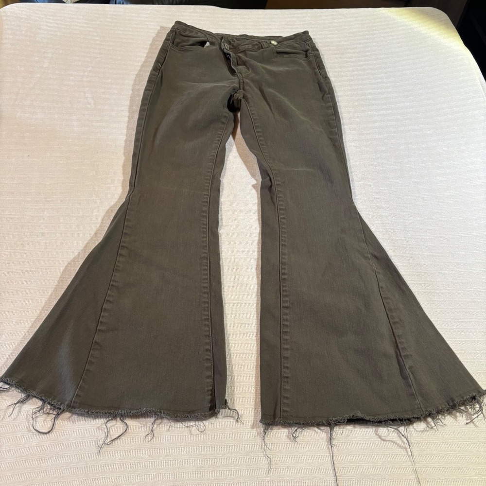 Saints & Hearts Olive Green Bell Bottom Flare Jeans Raw Hem SIP6212A Size M